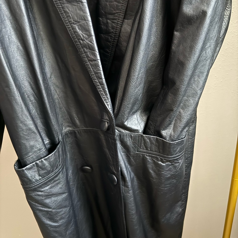 Vintage 90s G-III Black Leather Trench Coat Minimalist Longline L - Picture 3 of 7